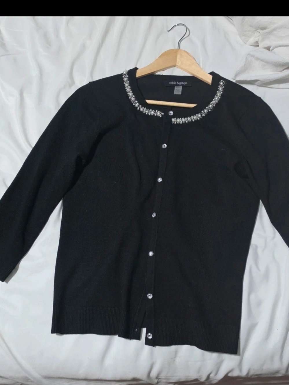 Cable & Gauge Black Cardigan with Crystal-Trim Neckline